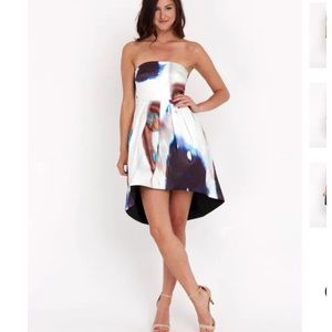 ASILIO Strapless High-Low Printed Cocktail Dress in White, Blue & Tie-Dye
